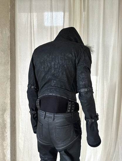 Vein Texture Sacred Sword Buckle Detachable Fur Hood PU Leather Jacket