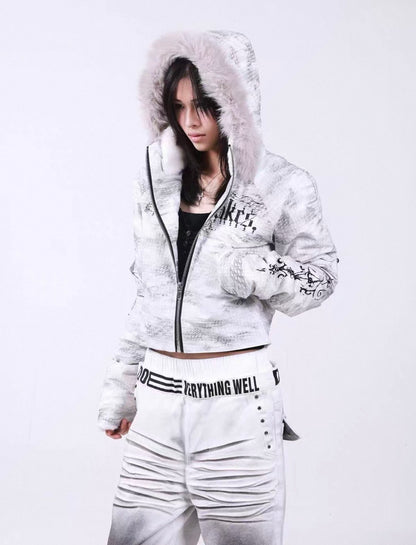 Washed Vintage Fur Collar Hooded Jacket