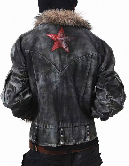 Washed Distressed Rivet Fur Collar Jacket