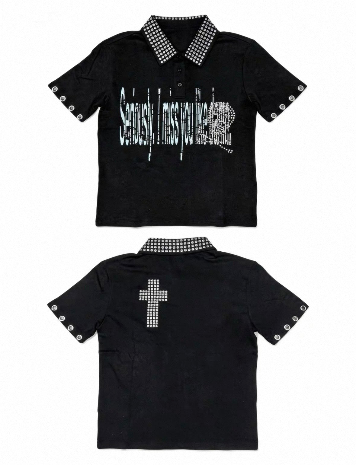 Rhinestone Cross Rivet Punk Polo Shirt