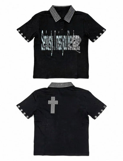 Rhinestone Cross Rivet Punk Polo Shirt