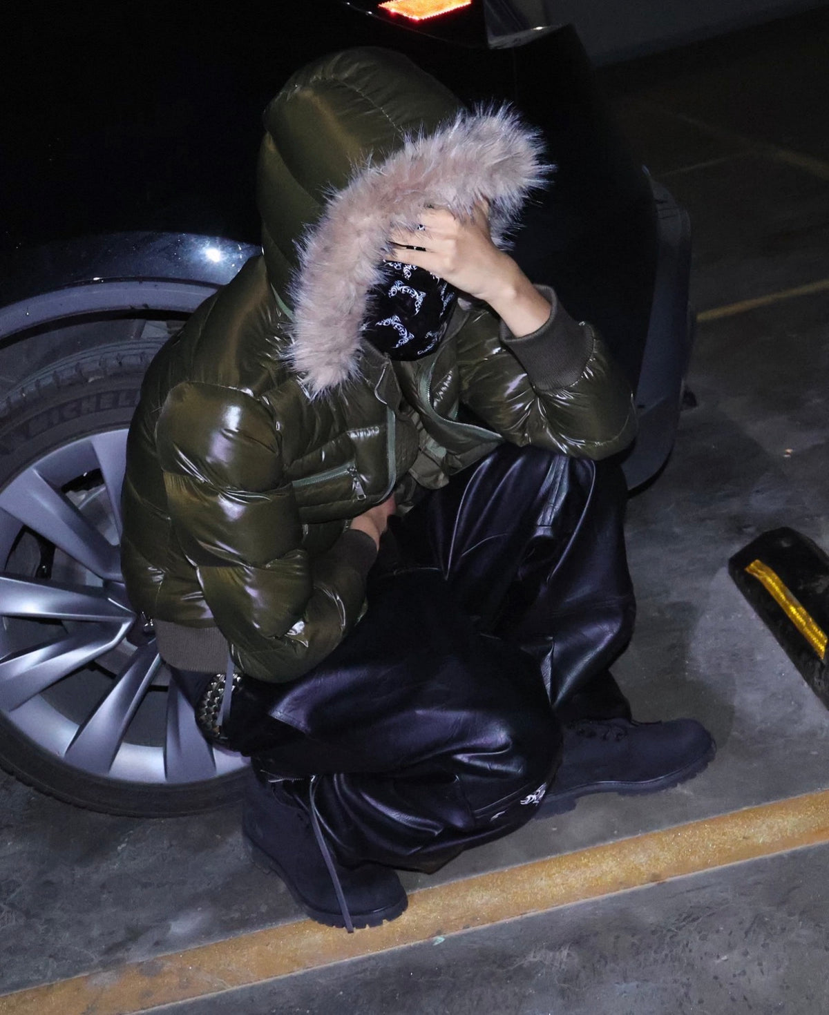 Glossy Detachable Hood Fur Collar Strap Padded Jacket