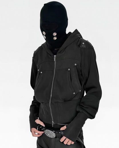 Washed Black Armor Multi-Pocket Zip Hoodie Jacket