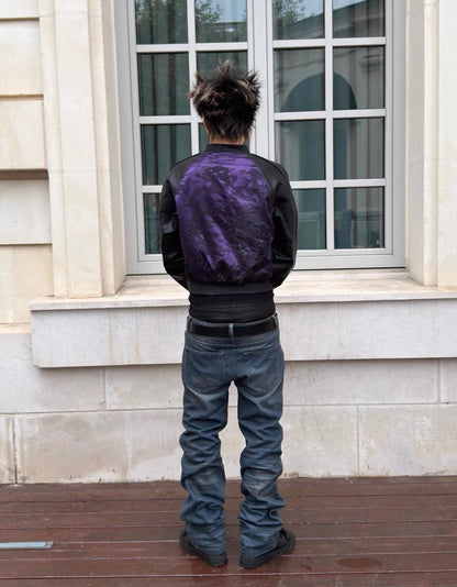 Purple Dragon Jacquard Faux Leather Sleeve Bomber Jacket