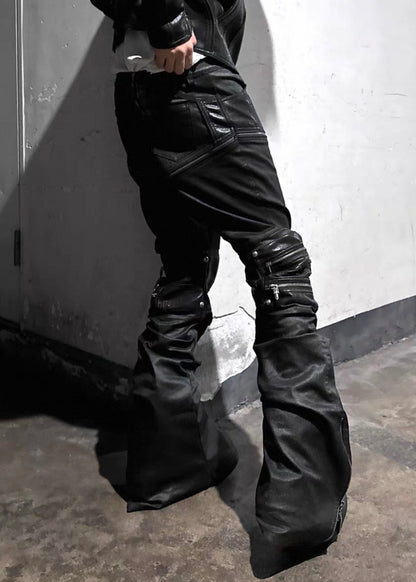 YOUWILLKNOW PU Lether Technical Flare Pants