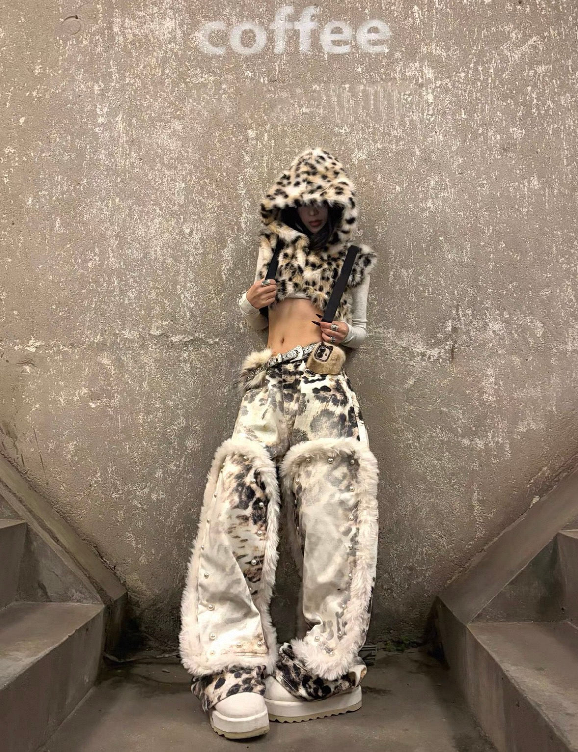 Leopard Faux Fur Wide Denim Pants