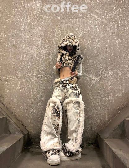 Leopard Faux Fur Wide Denim Pants