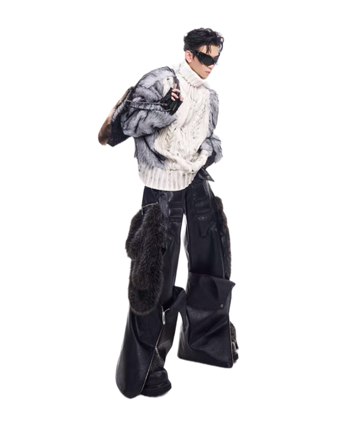 STARTEXCEEDEND Splicing Leather Fur Cargo Pants
