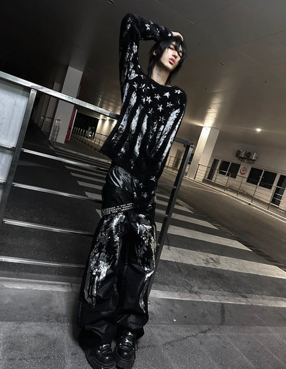 DETW ダメージ スターフラッグ モヘア調ニットセーター SELFISH