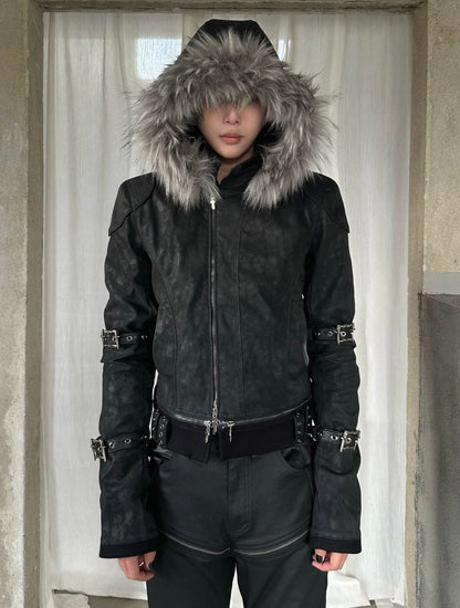Vein Texture Sacred Sword Buckle Detachable Fur Hood PU Leather Jacket