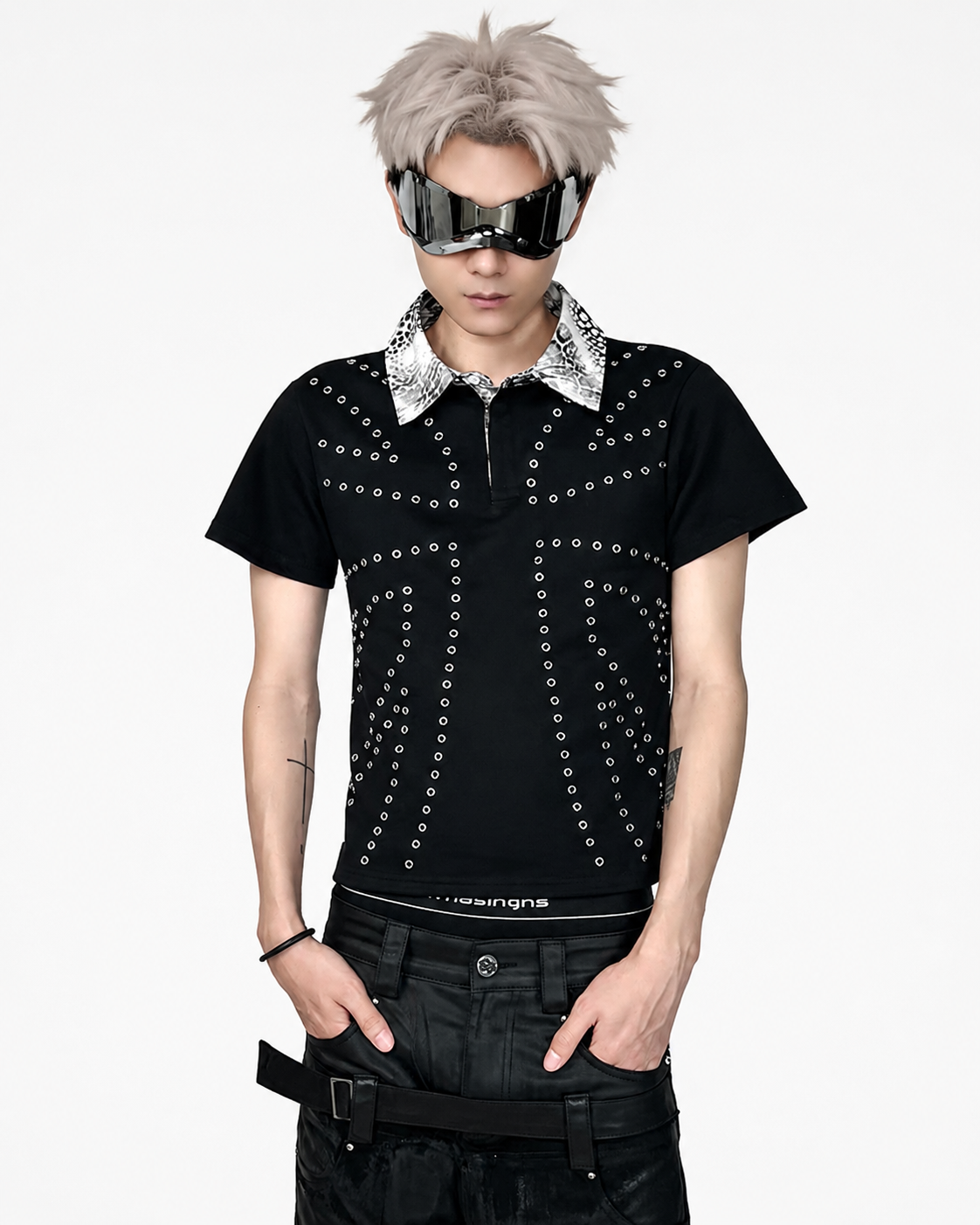 ATANOTHINGNESS Studded Metallic Collar Polo Shirt