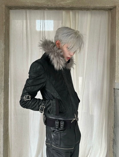Vein Texture Sacred Sword Buckle Detachable Fur Hood PU Leather Jacket