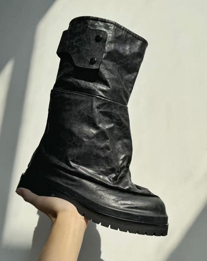 Vintage Washed Leather Mid-Calf Rider Boots