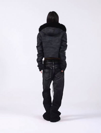 Washed Vintage Fur Collar Hooded Jacket
