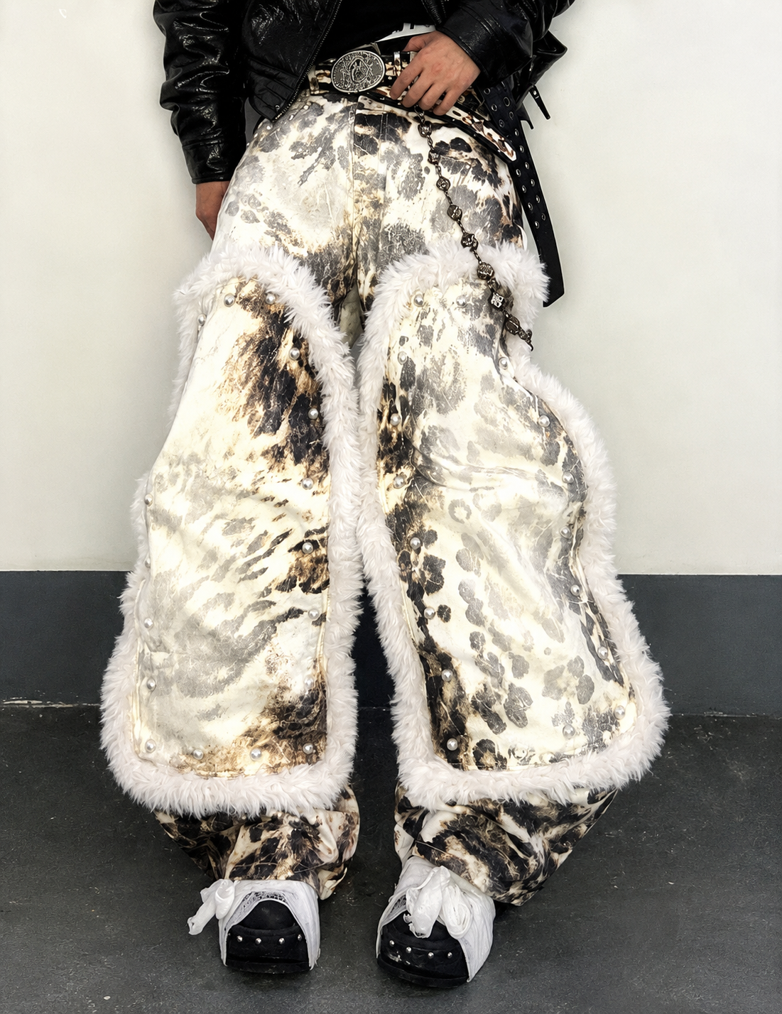 Leopard Faux Fur Wide Denim Pants