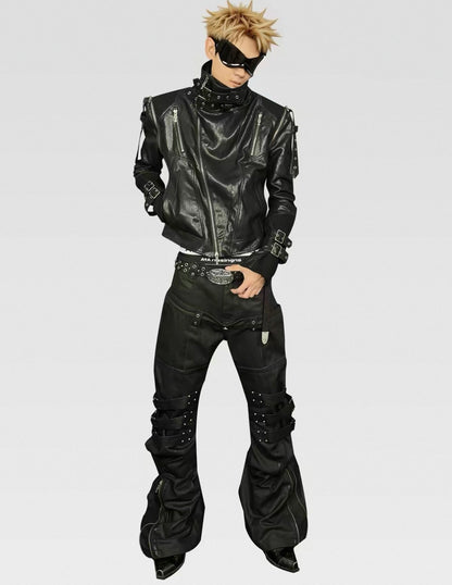ATANOTHINGNESS Double waist Cross Strap Waxed Flare Pants