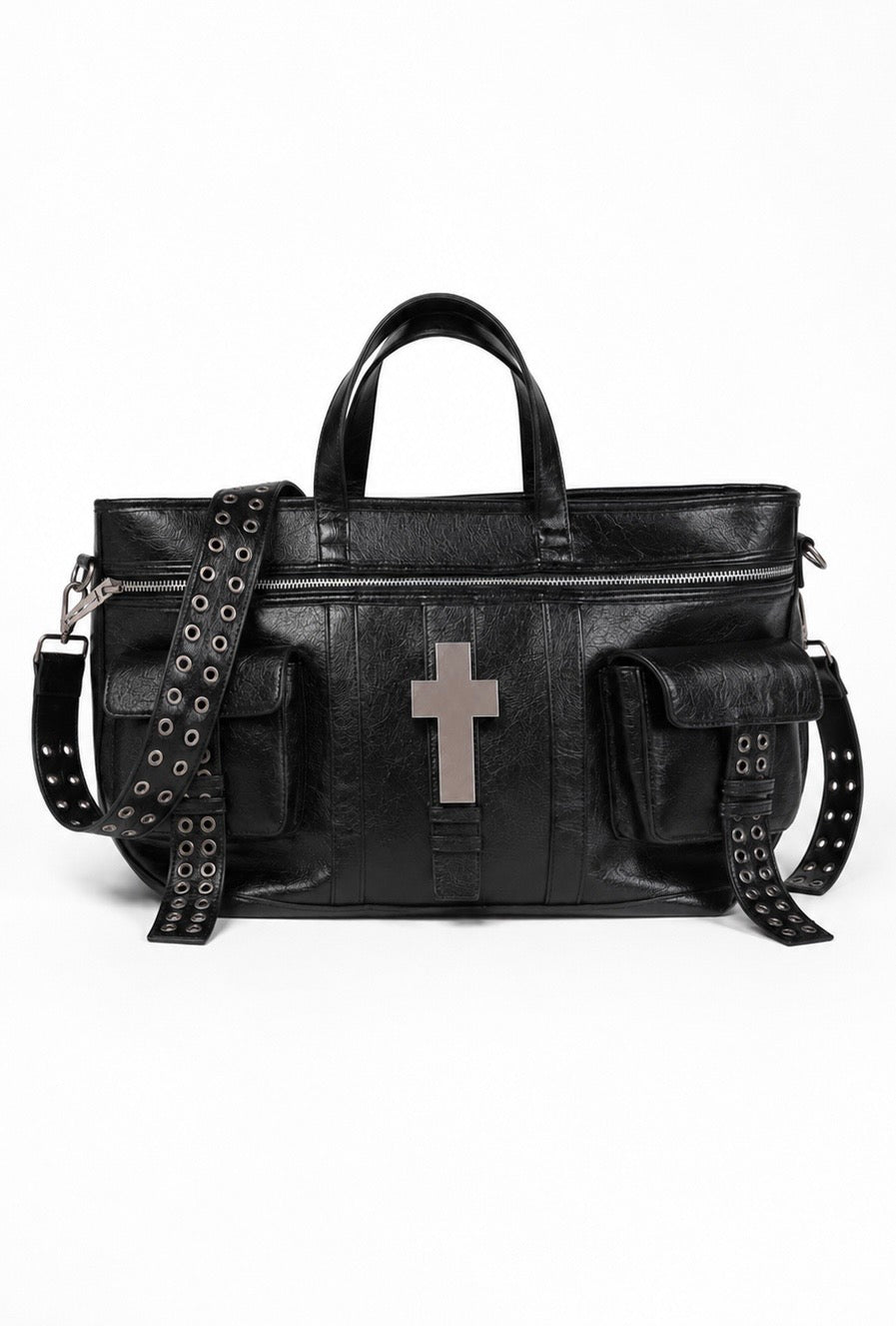 Cross Hardware Crackle Leather Shoulder Bag