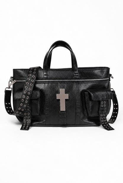 Cross Hardware Crackle Leather Shoulder Bag