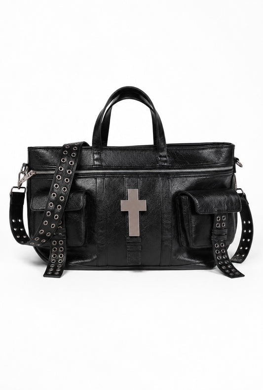 Cross Hardware Crackle Leather Shoulder Bag