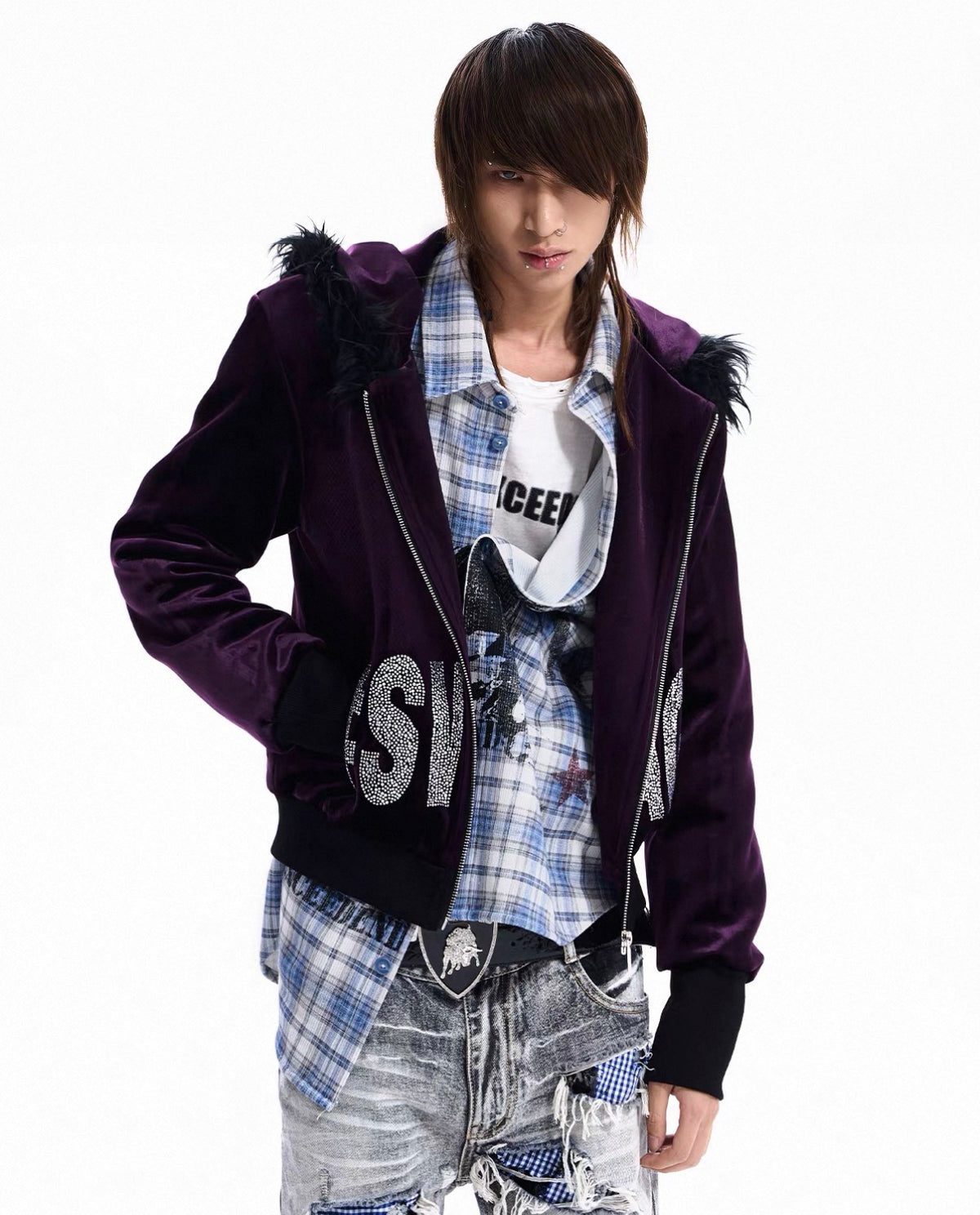 Rhinestone Logo Fur Collar Zip-Up Hoodie Jacket