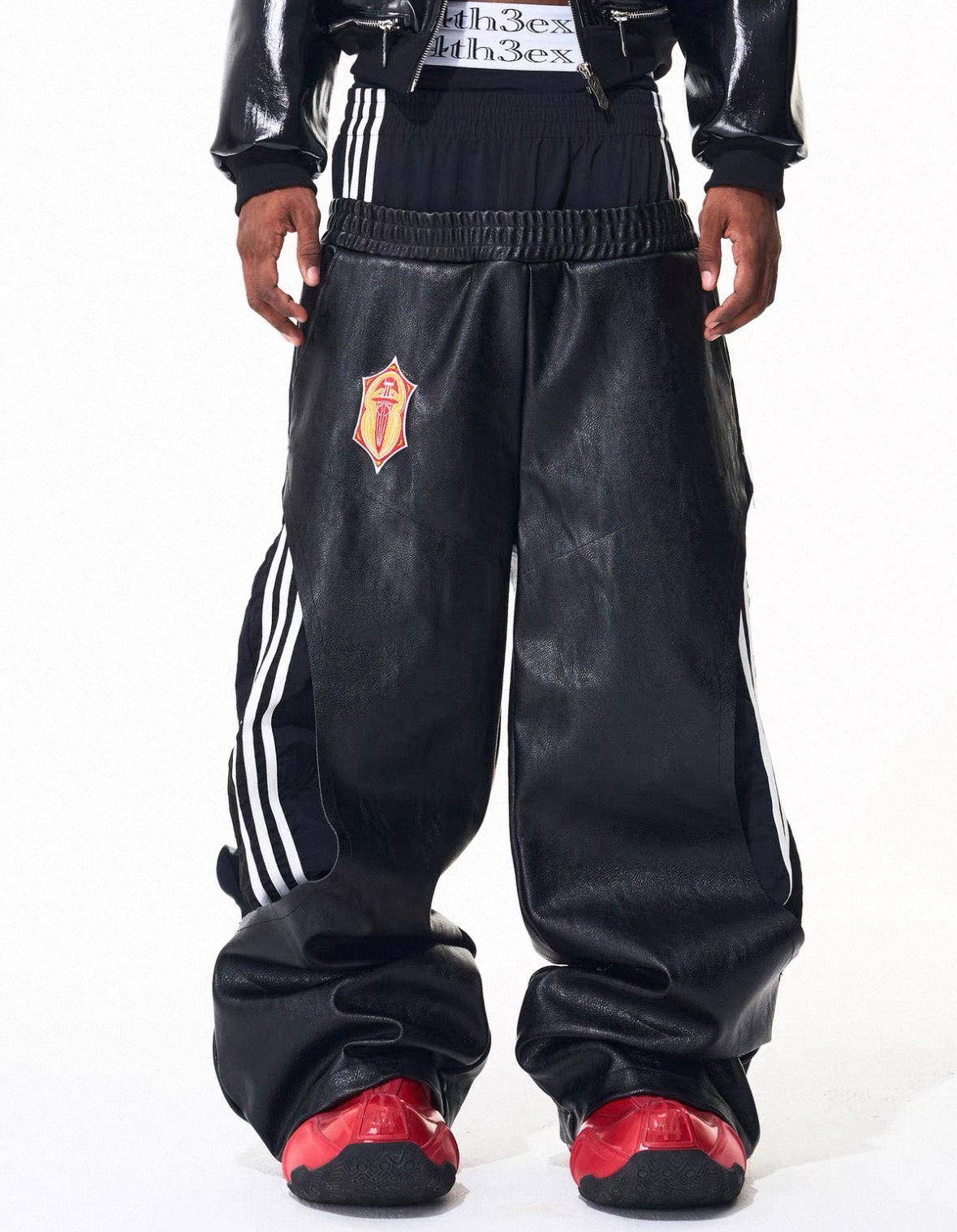 FOURTH3EX Double Waist PU Leather Pants