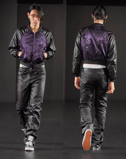 Purple Dragon Jacquard Faux Leather Sleeve Bomber Jacket