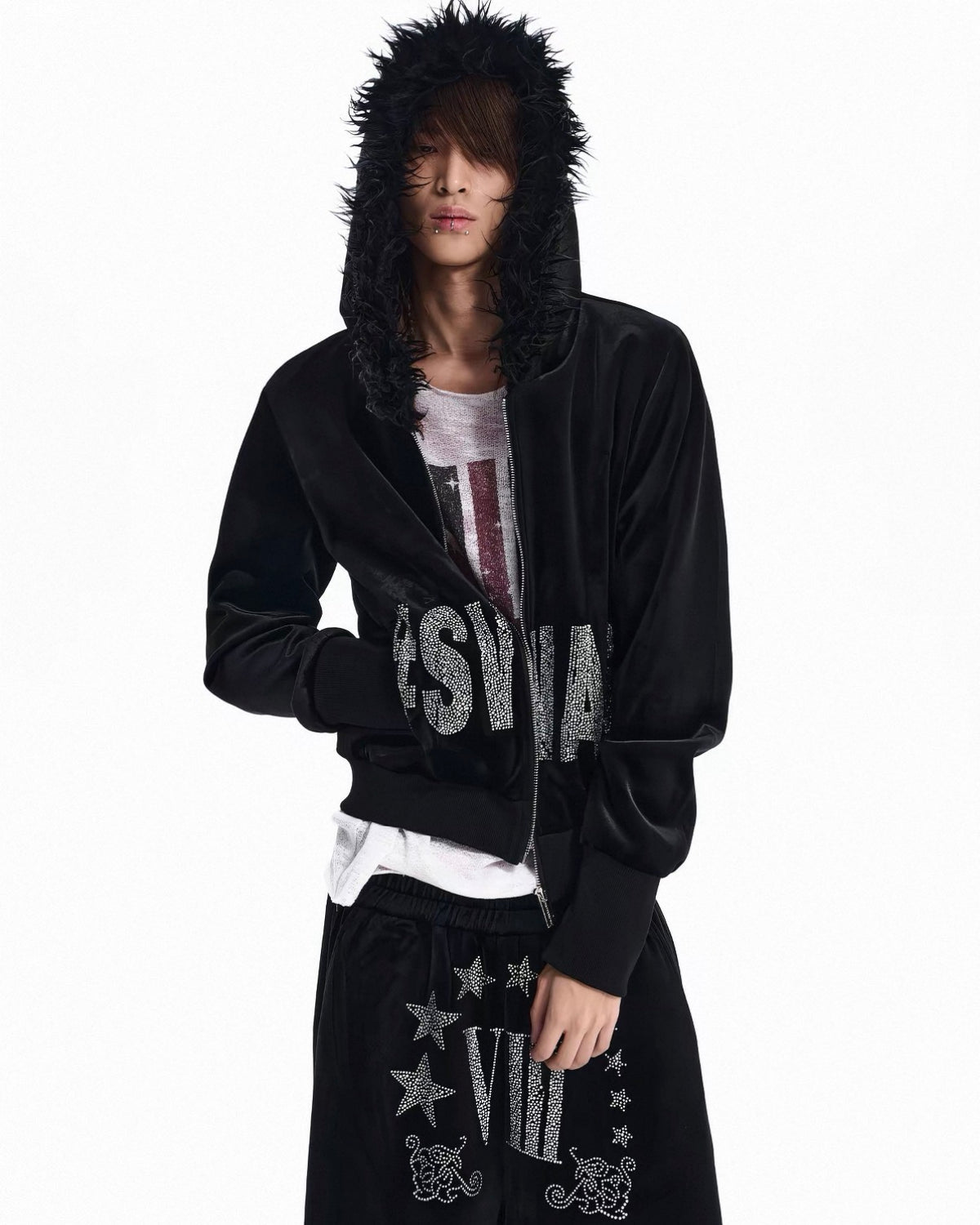 Rhinestone Logo Fur Collar Zip-Up Hoodie Jacket