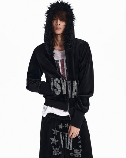 Rhinestone Logo Fur Collar Zip-Up Hoodie Jacket