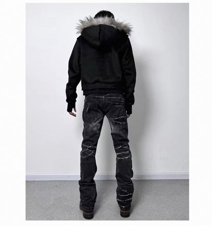 Cross Coffin Golden Raccoon Fur High Collar Hooded Fringe Jacket