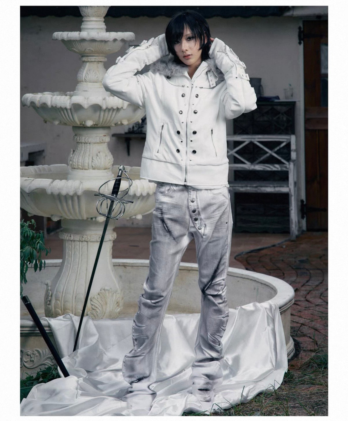 Cross Feather Napoleon Collar Suede-Touch Padded Jacket