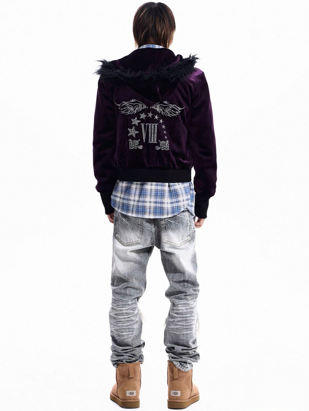 Rhinestone Logo Fur Collar Zip-Up Hoodie Jacket