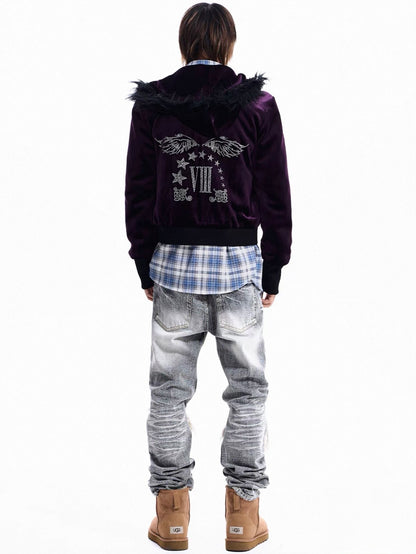 Rhinestone Logo Fur Collar Zip-Up Hoodie Jacket