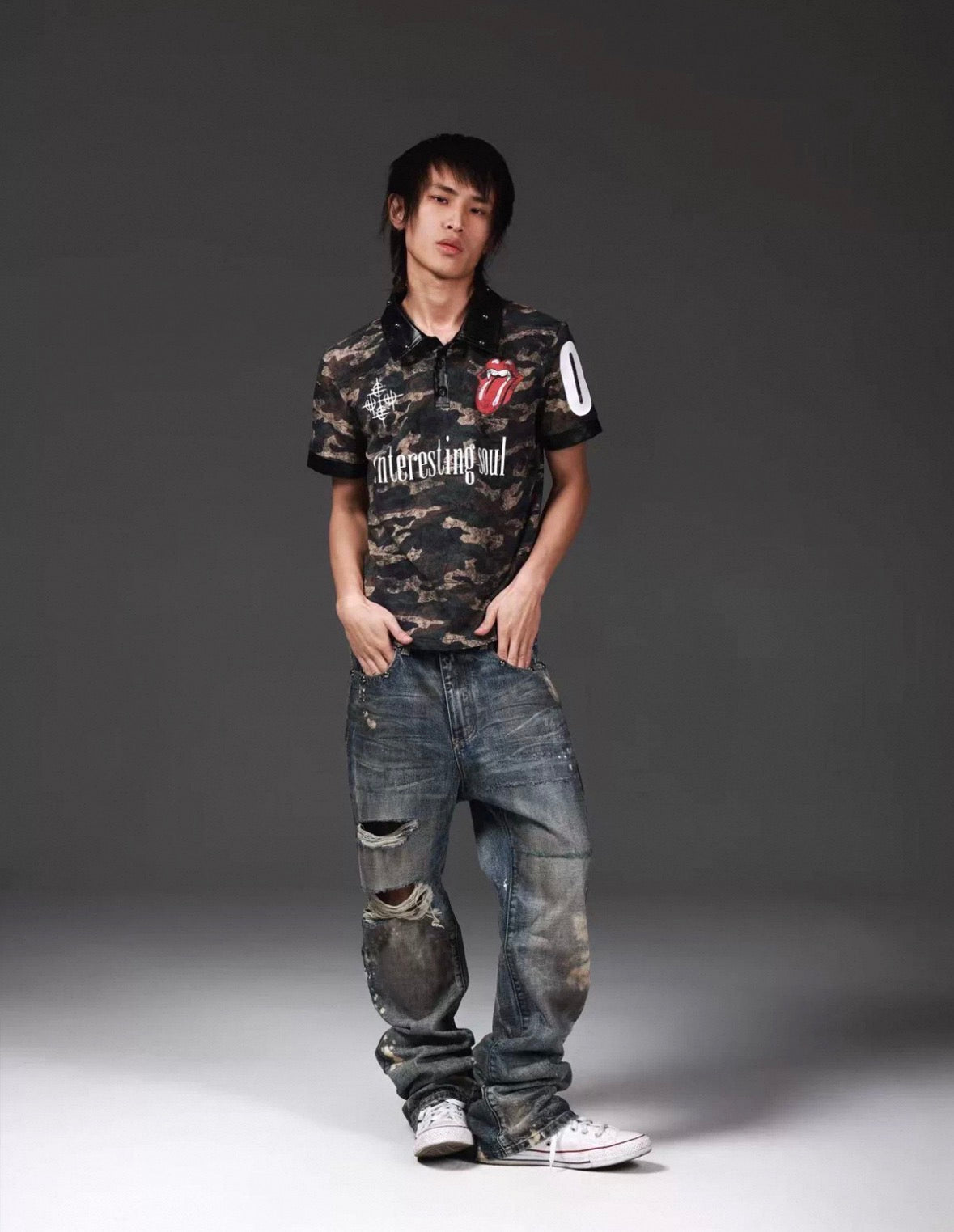 Camouflage Rhinestone Rivet Polo Shirt