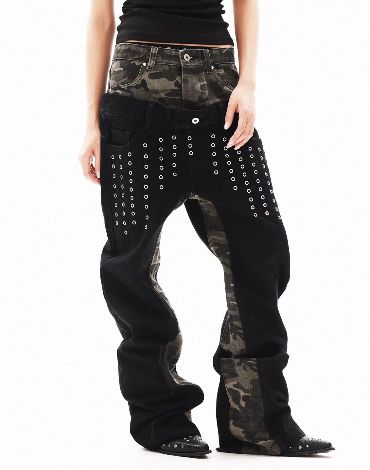 Double Waist Studded Wide Denim Pants