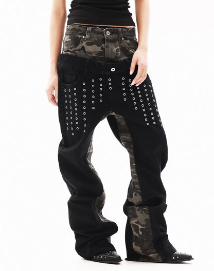 Double Waist Studded Wide Denim Pants