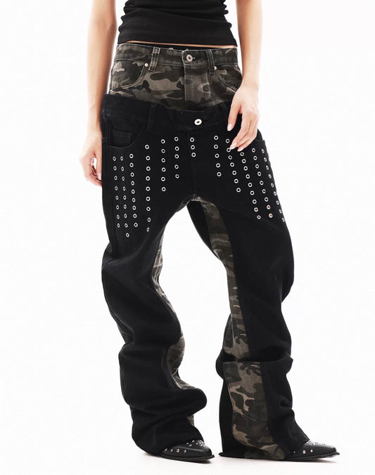 Double Waist Studded Wide Denim Pants