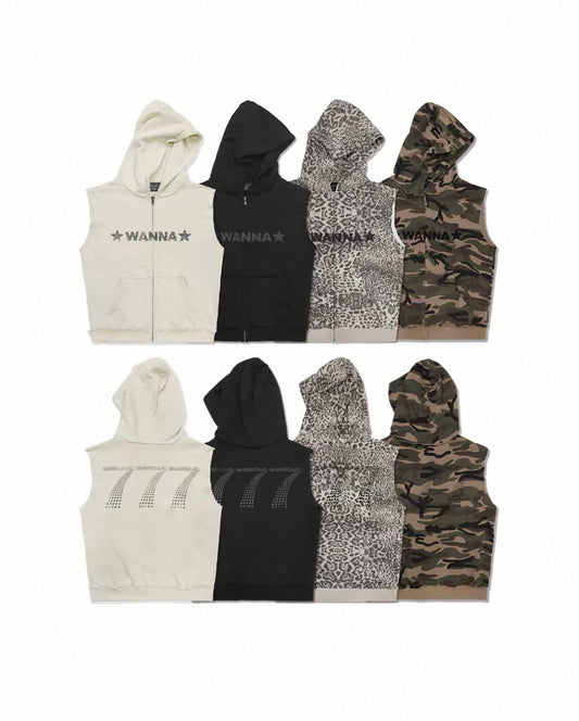 Distressed Sleeveless Zip Hoodie