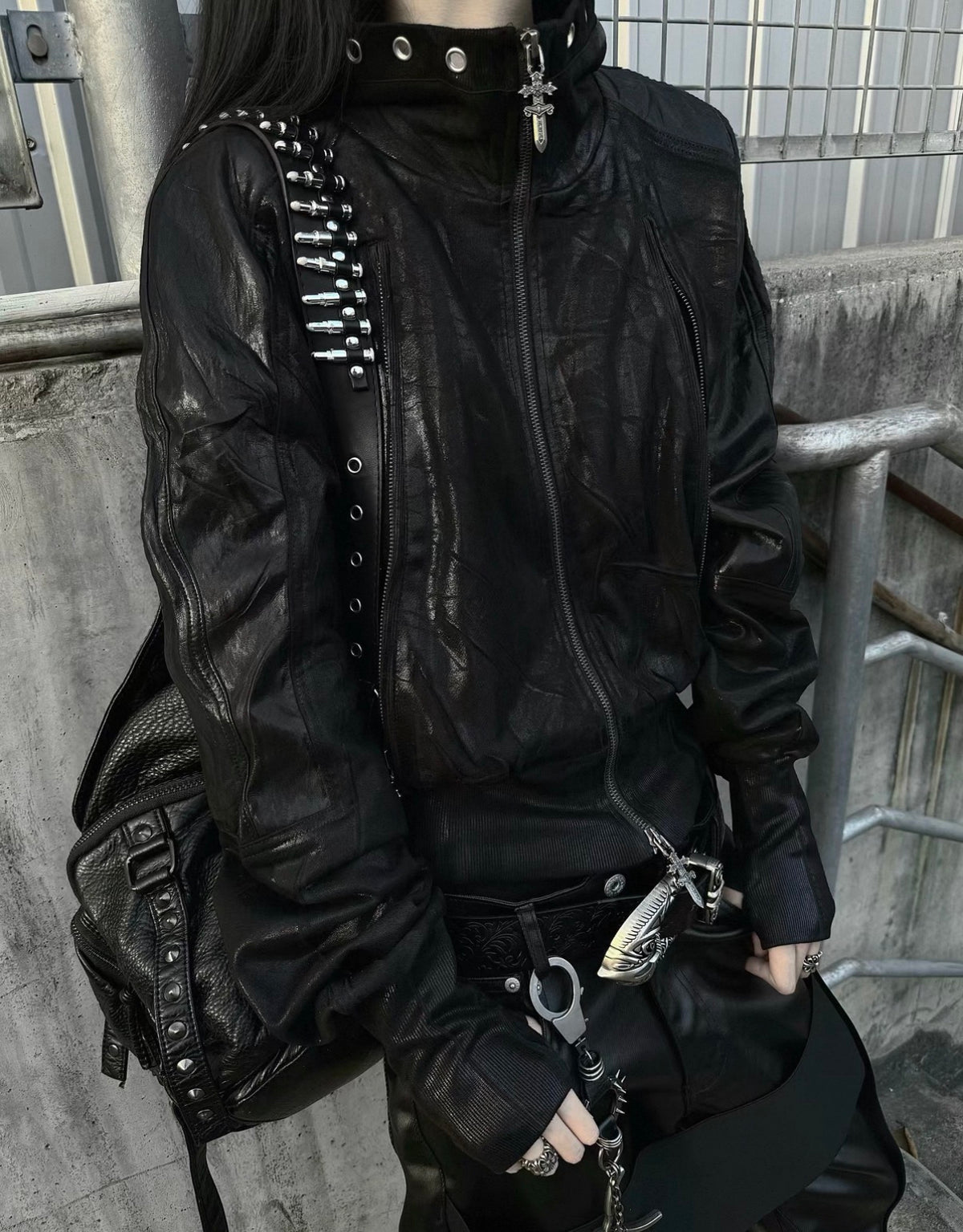 Metal Black Stand Collar Zipper Jacket