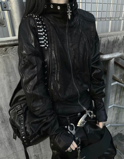 Metal Black Stand Collar Zipper Jacket