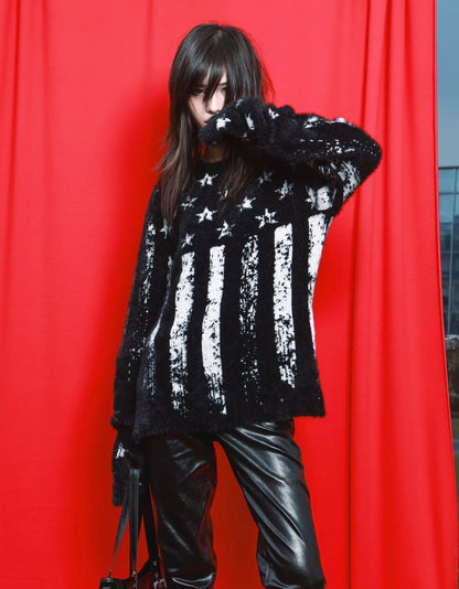 DETW ダメージ スターフラッグ モヘア調ニットセーター SELFISH
