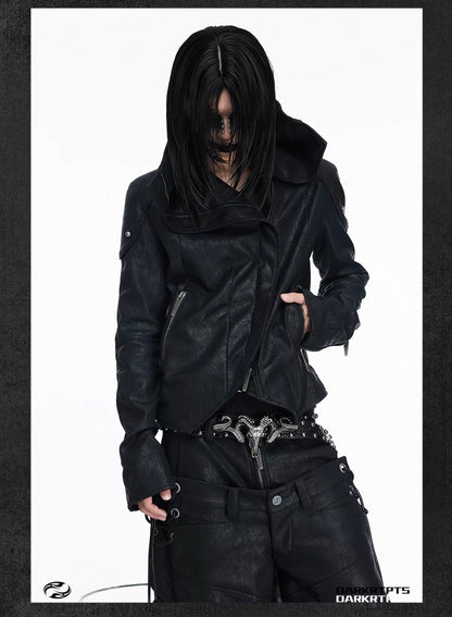 Asymmetric Split Stand Collar Leather Jacket