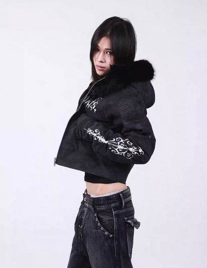 Washed Vintage Fur Collar Hooded Jacket