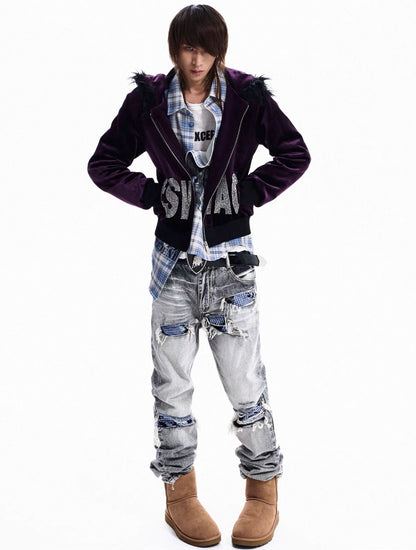 Rhinestone Logo Fur Collar Zip-Up Hoodie Jacket