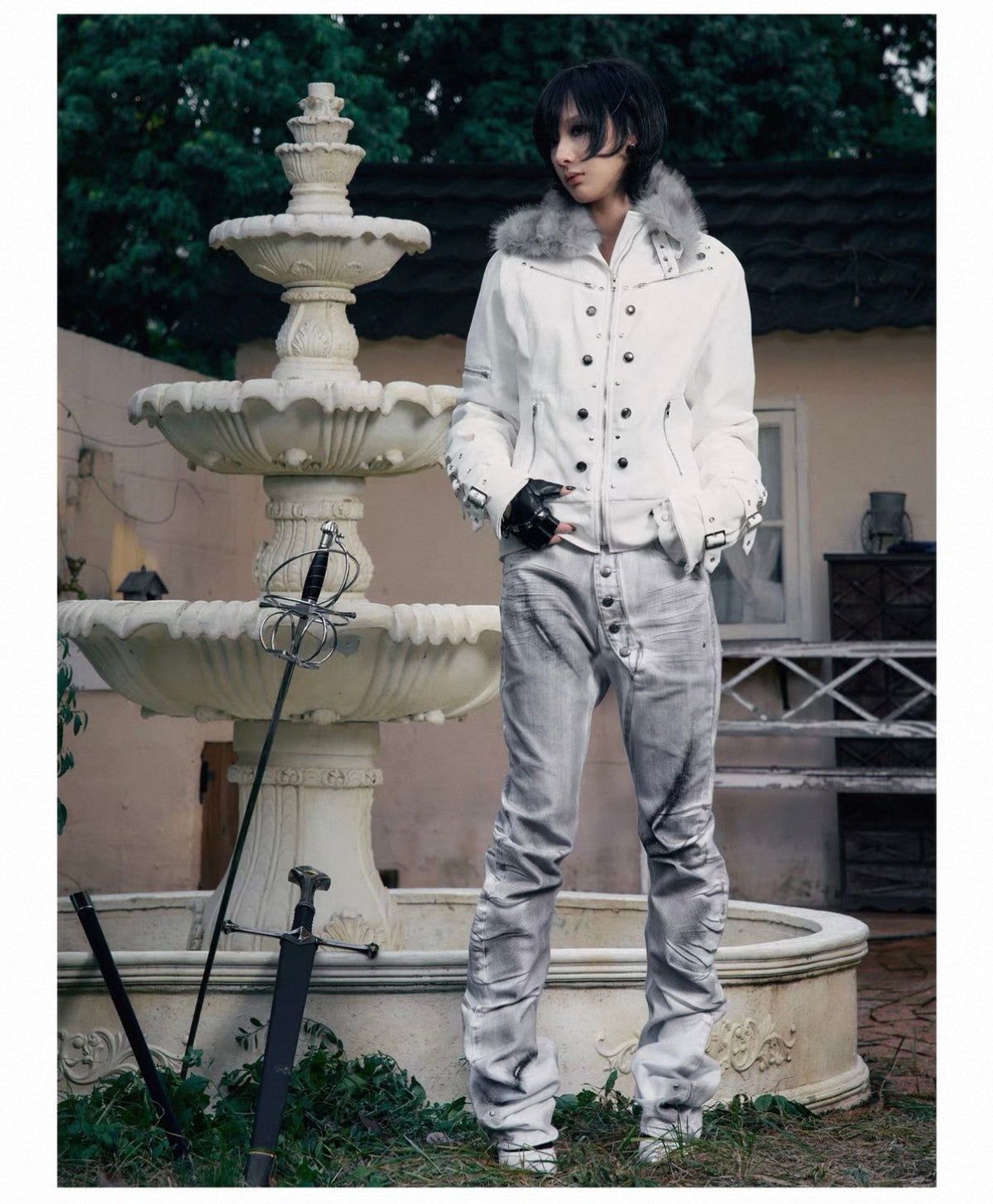 Cross Feather Napoleon Collar Suede-Touch Padded Jacket