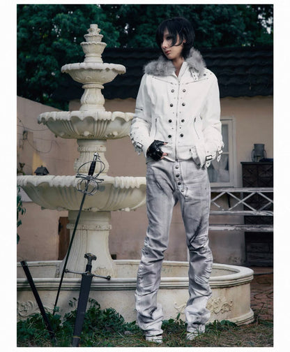Cross Feather Napoleon Collar Suede-Touch Padded Jacket