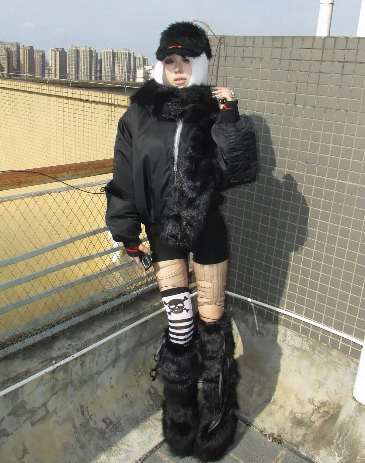 Cross Graphic Detachable Fur Collar Hooded MA-1 Jacket