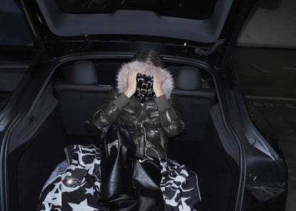 Glossy Detachable Hood Fur Collar Strap Padded Jacket