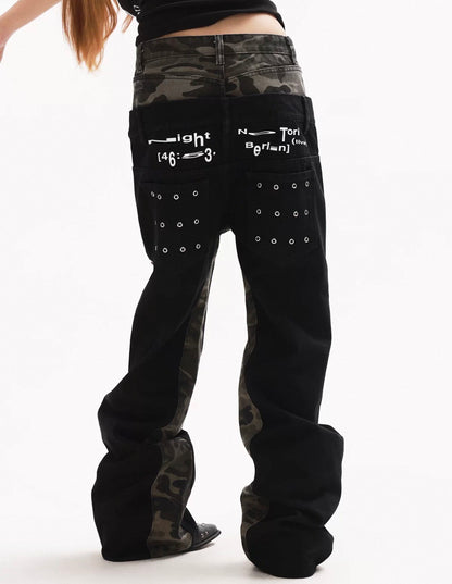 Double Waist Studded Wide Denim Pants