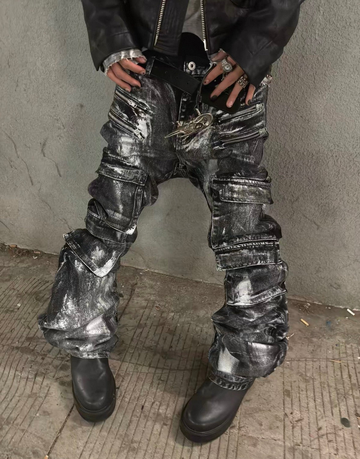 ROLLINGMONEY Silver Wax Cargo Jeans