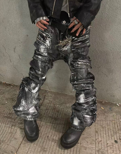 ROLLINGMONEY Silver Wax Cargo Jeans